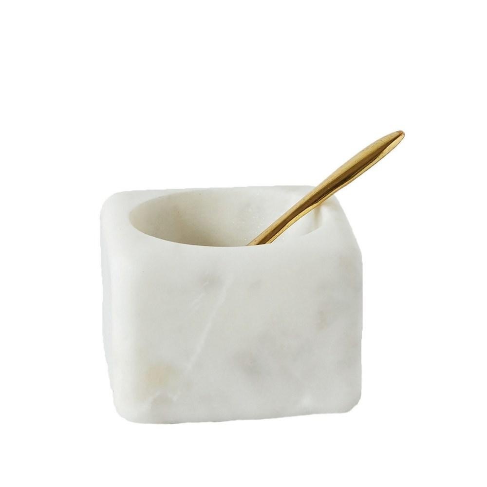 Marble square salt bowl with brass spoon